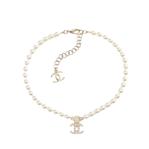 CHANEL-ABE280 샤넬 골드 진주 크리스탈 장식 CC 로고 목걸이