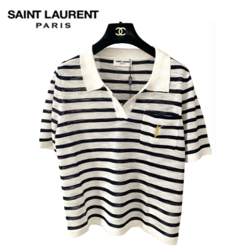 SAINT LAURENT-07265 생 로랑 화이트/블랙 스트라이프 폴로 티셔츠 여성용