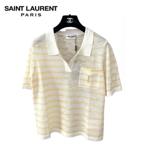 SAINT LAURENT-07267 생 로랑 화이트/옐로우 스트라이프 폴로 티셔츠 여성용